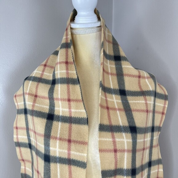 Plaid Cashmere Beige Fringe Scarf 58” x 10” Inches - Picture 4 of 7